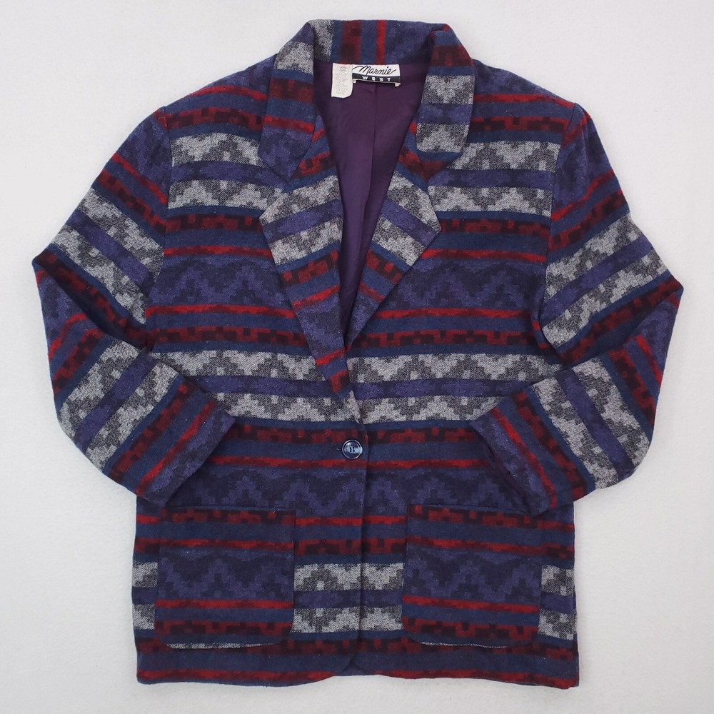 Vintage Marnie West Jacket Women L Blue Red Aztec Southwestern Blazer Wool Blend